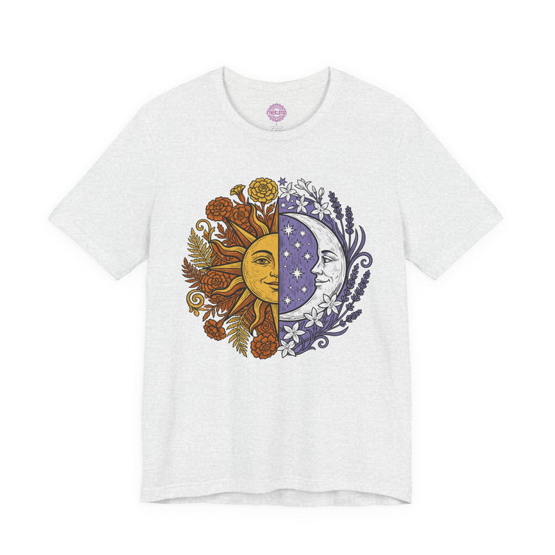 Celestial Harmony Sun & Moon "Divine Duality" Floral Premium Unisex T-Shirt