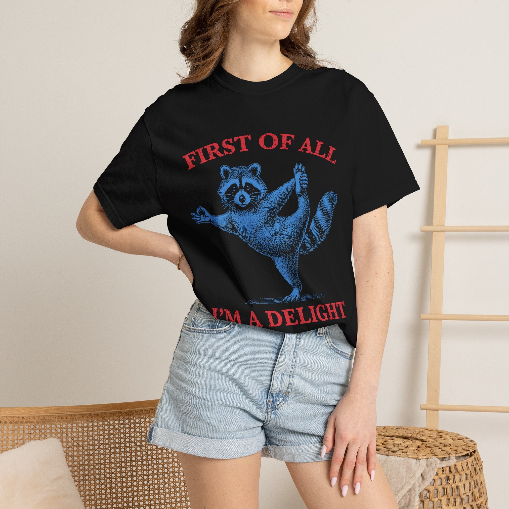 First of All I'm a Delight Raccoon Yoga Spiritual Humor Comfort Colors® Unisex T-Shirt